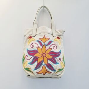 Lucky Brand Vintage White Leather Cream Embroidered Floral Hobo Bag Cream Boho